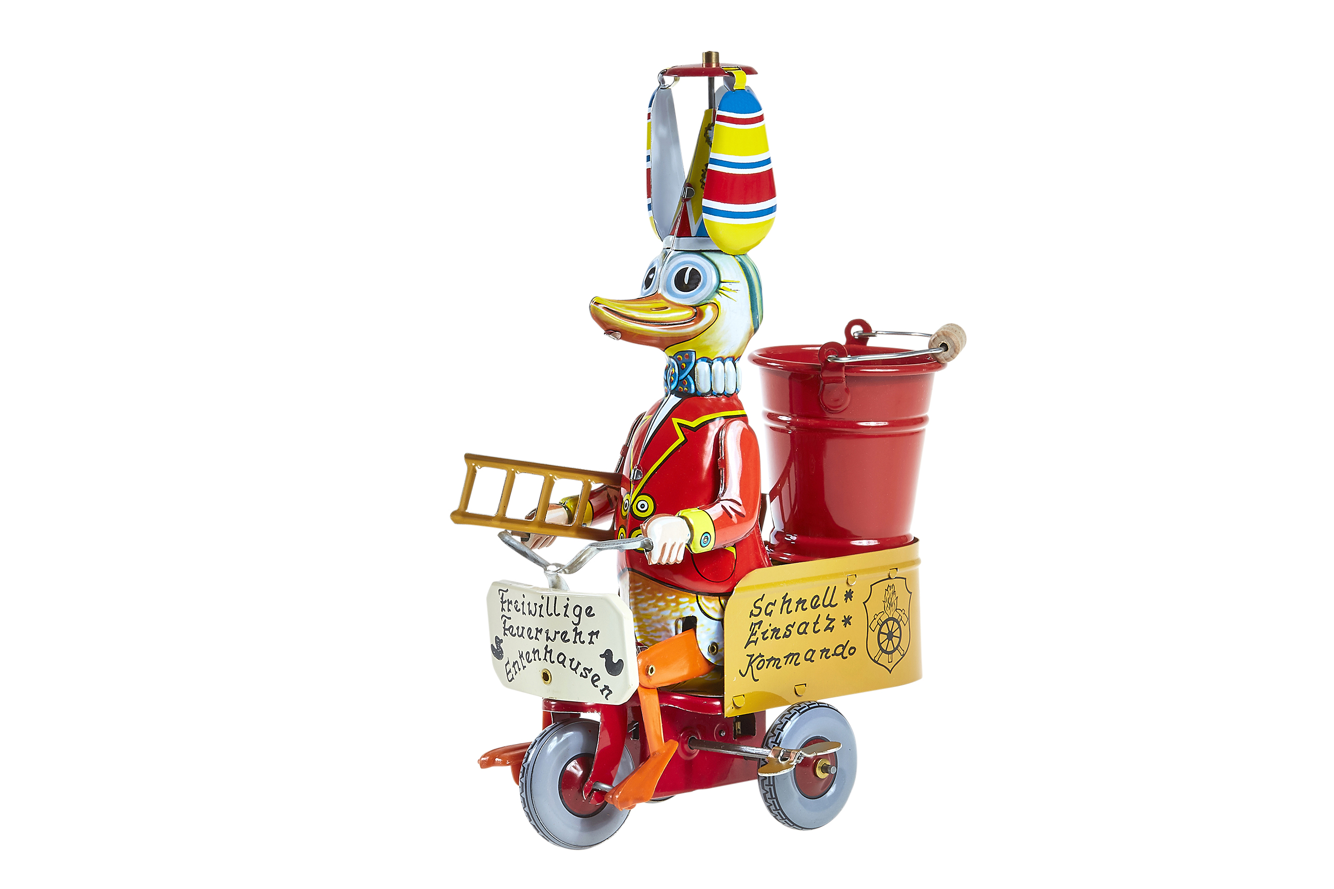 Blechspielzeug Feuerwehr-Ente auf Dreirad zum Aufziehen
