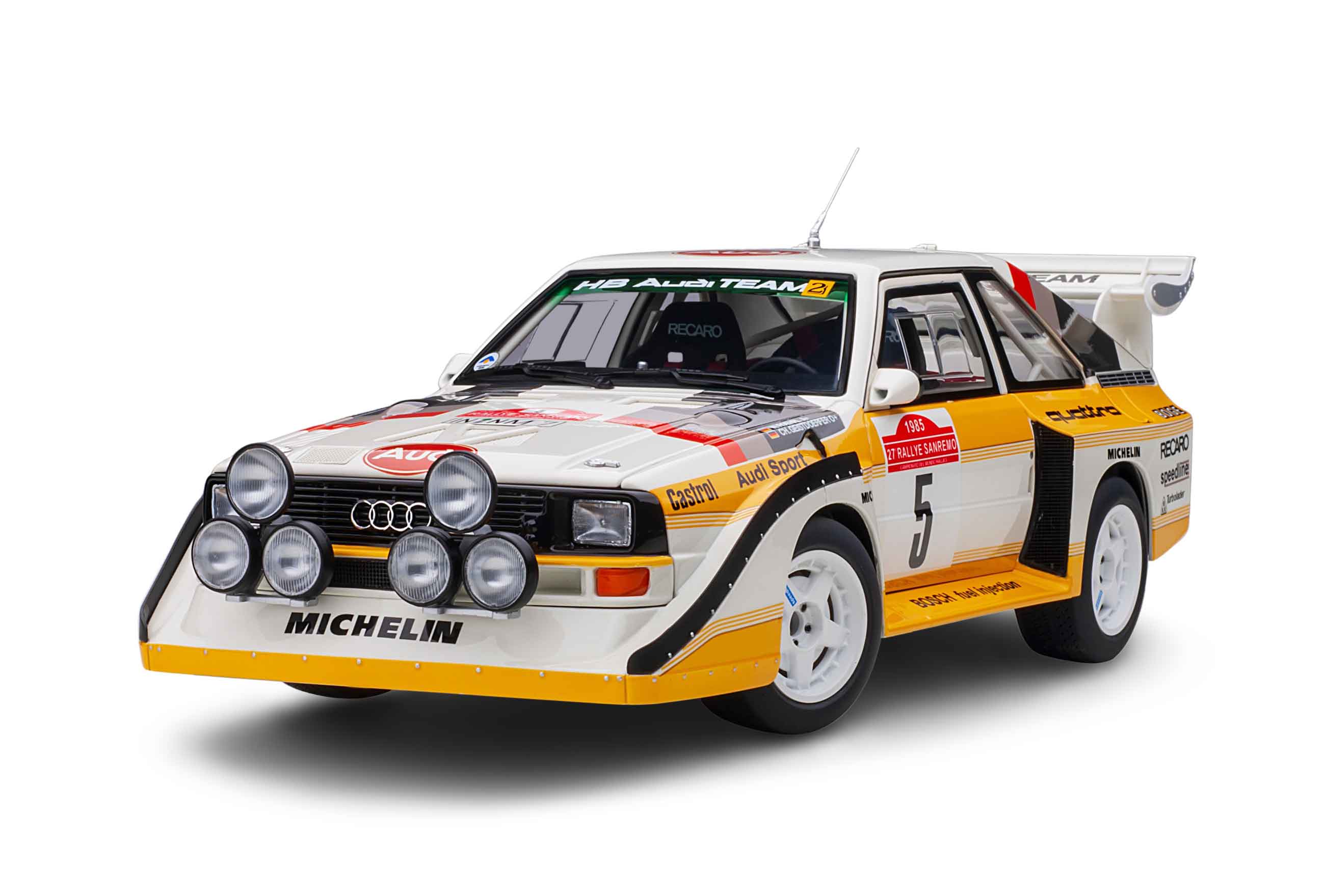 Audi Sport Quattro S1 Modellauto Rallye San Remo Walter Röhrl weiß gelb 1:18