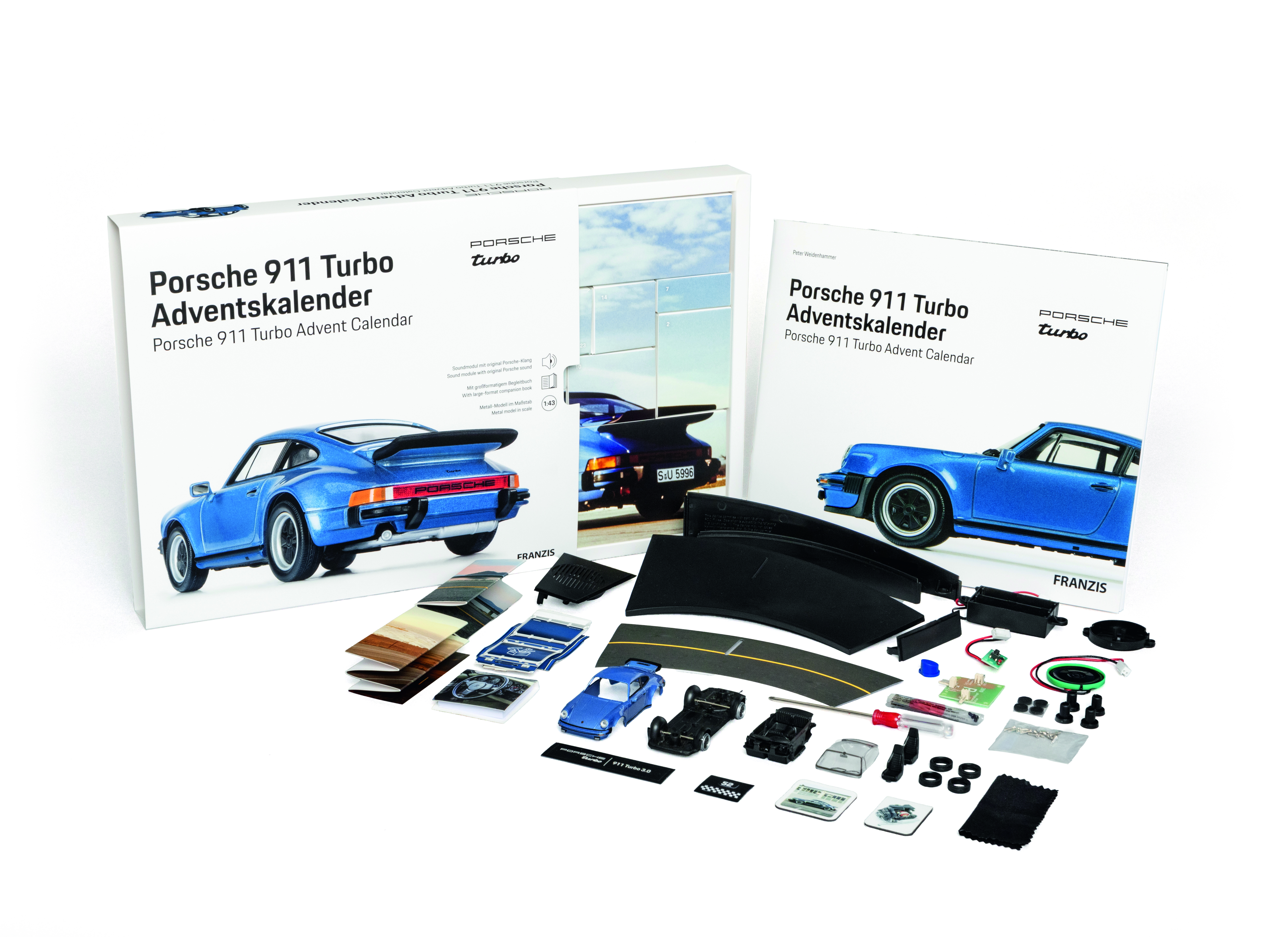 Adventskalender Porsche 911 Turbo - Bausatz 1:43 mit Motorsound, inkl. 52-seitigem Handbuch