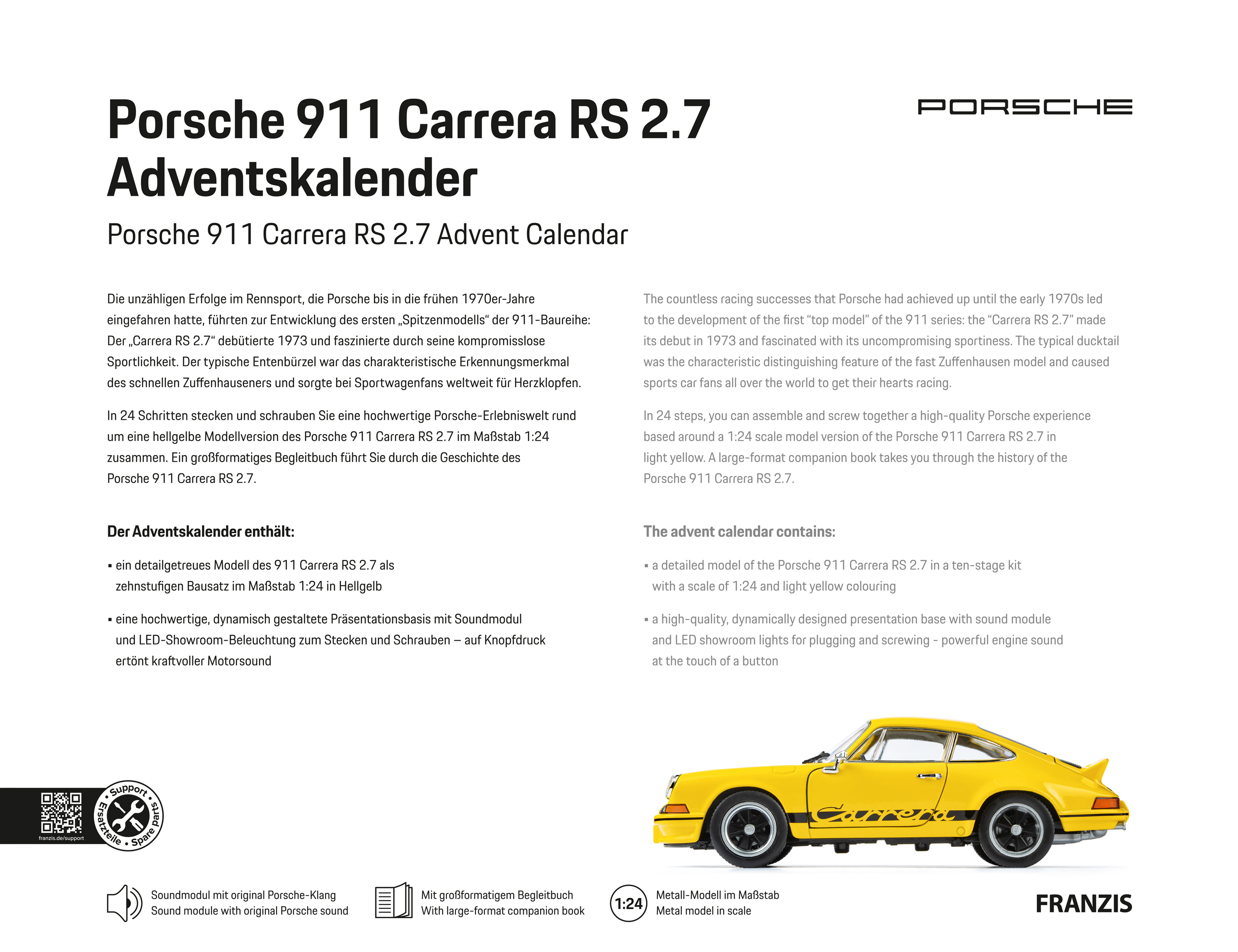 Porsche 911 Carrera RS 2.7 gelb Adventskalender