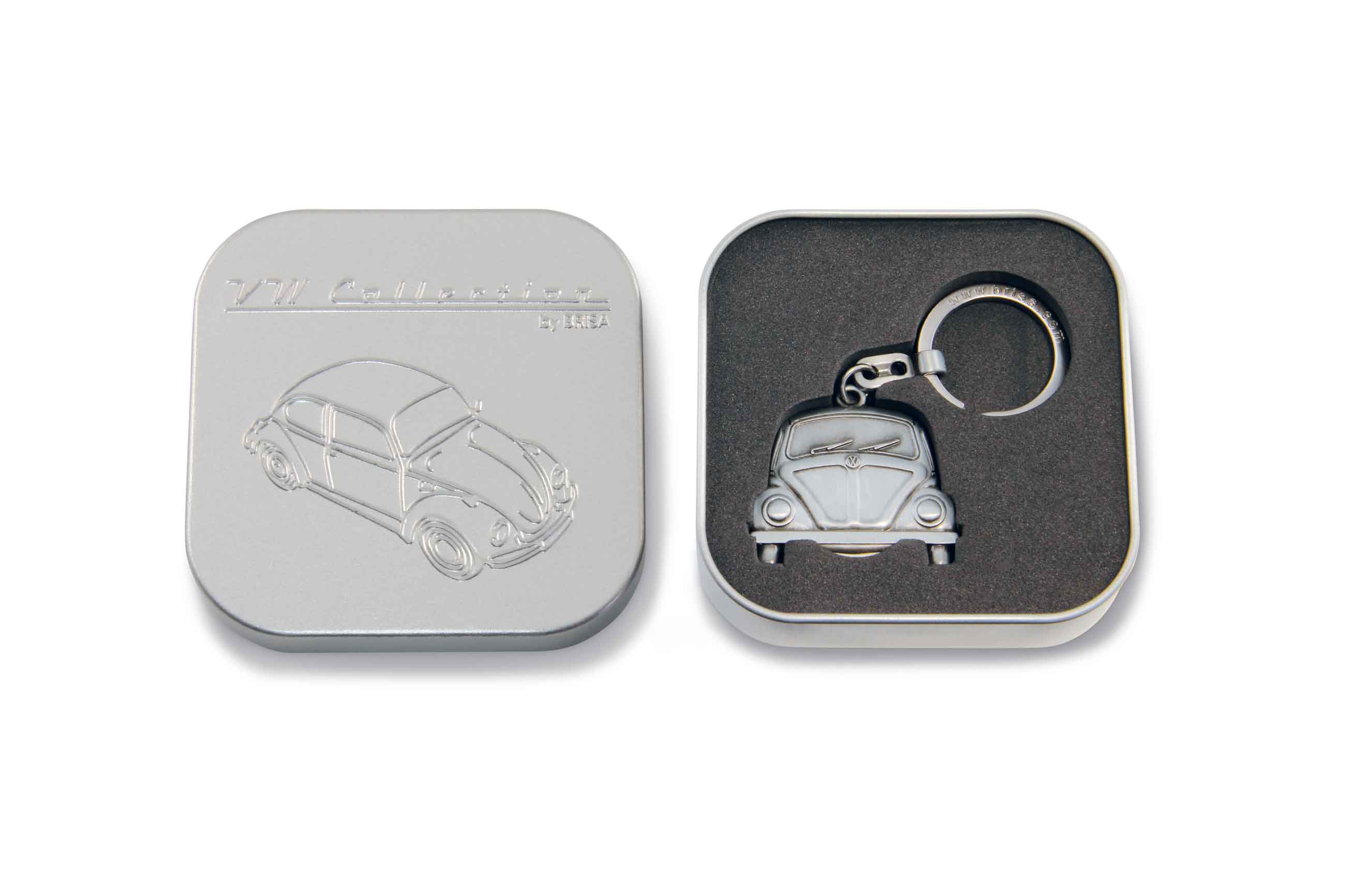 VW Käfer Schlüsselanhänger mit Einkaufswagenchip in Geschenkdose