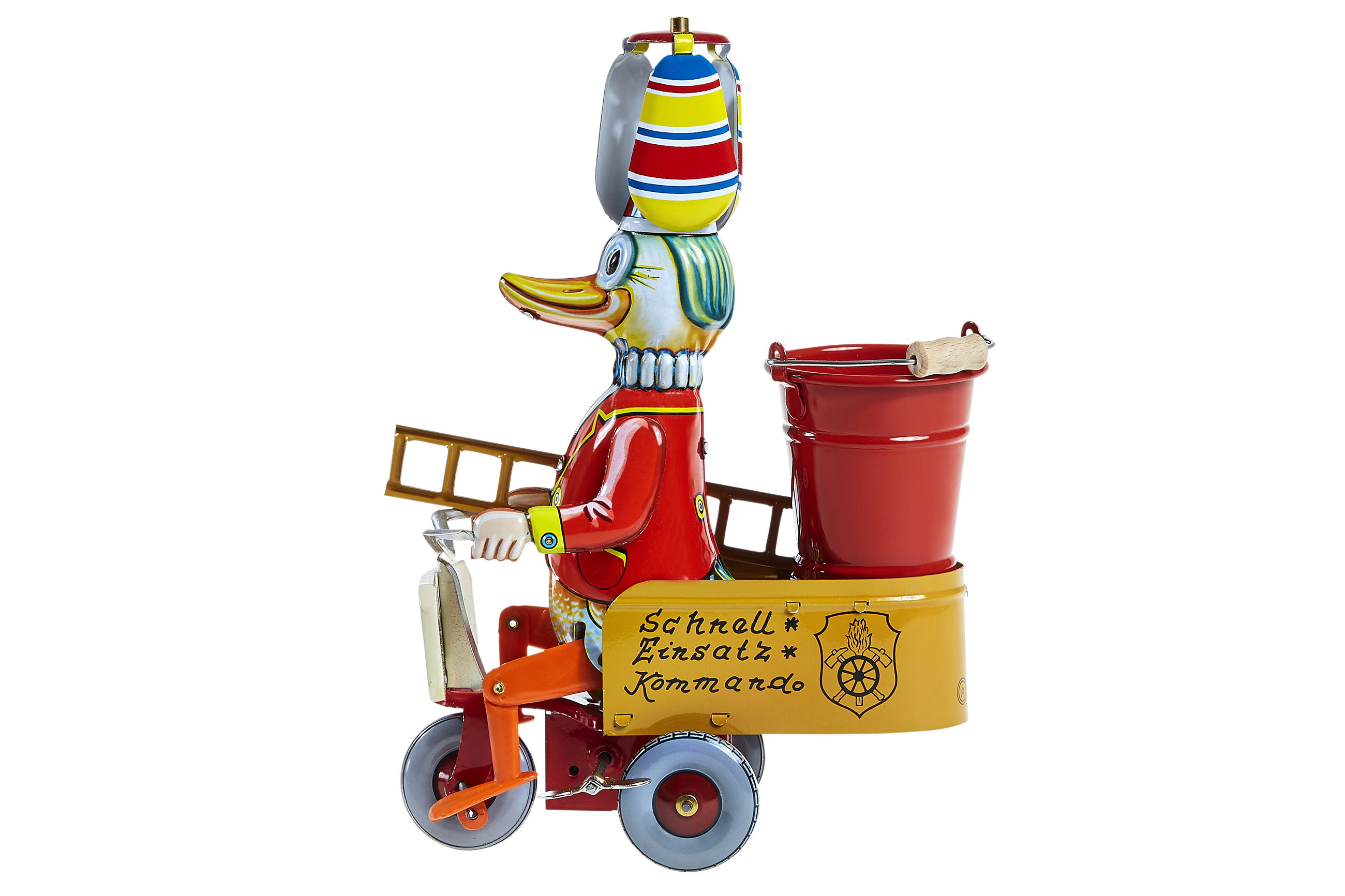 Blechspielzeug Feuerwehr-Ente auf Dreirad zum Aufziehen