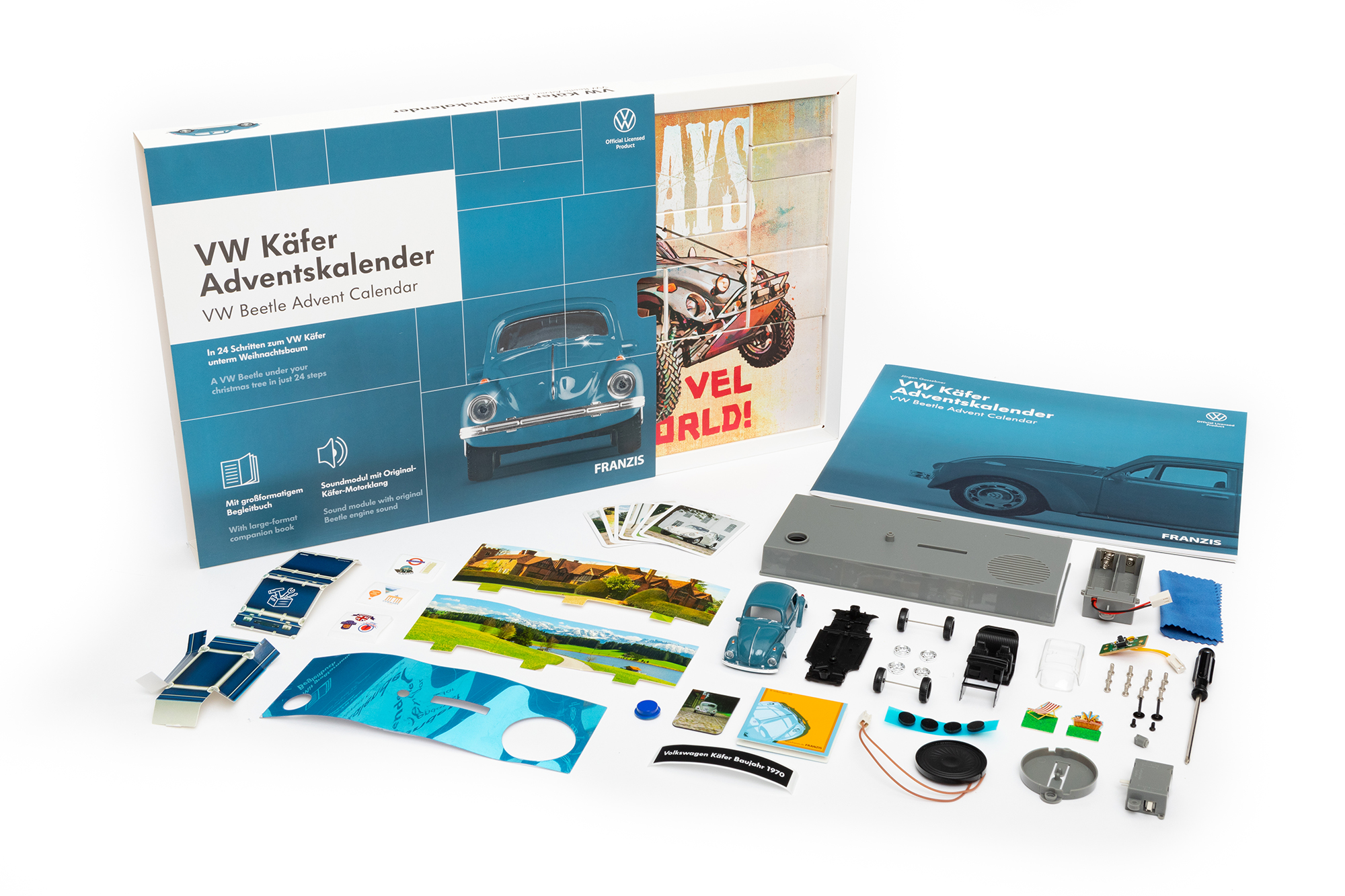 Adventskalender VW Käfer blau - Bausatz 1:43 mit Motorsound & Bildband