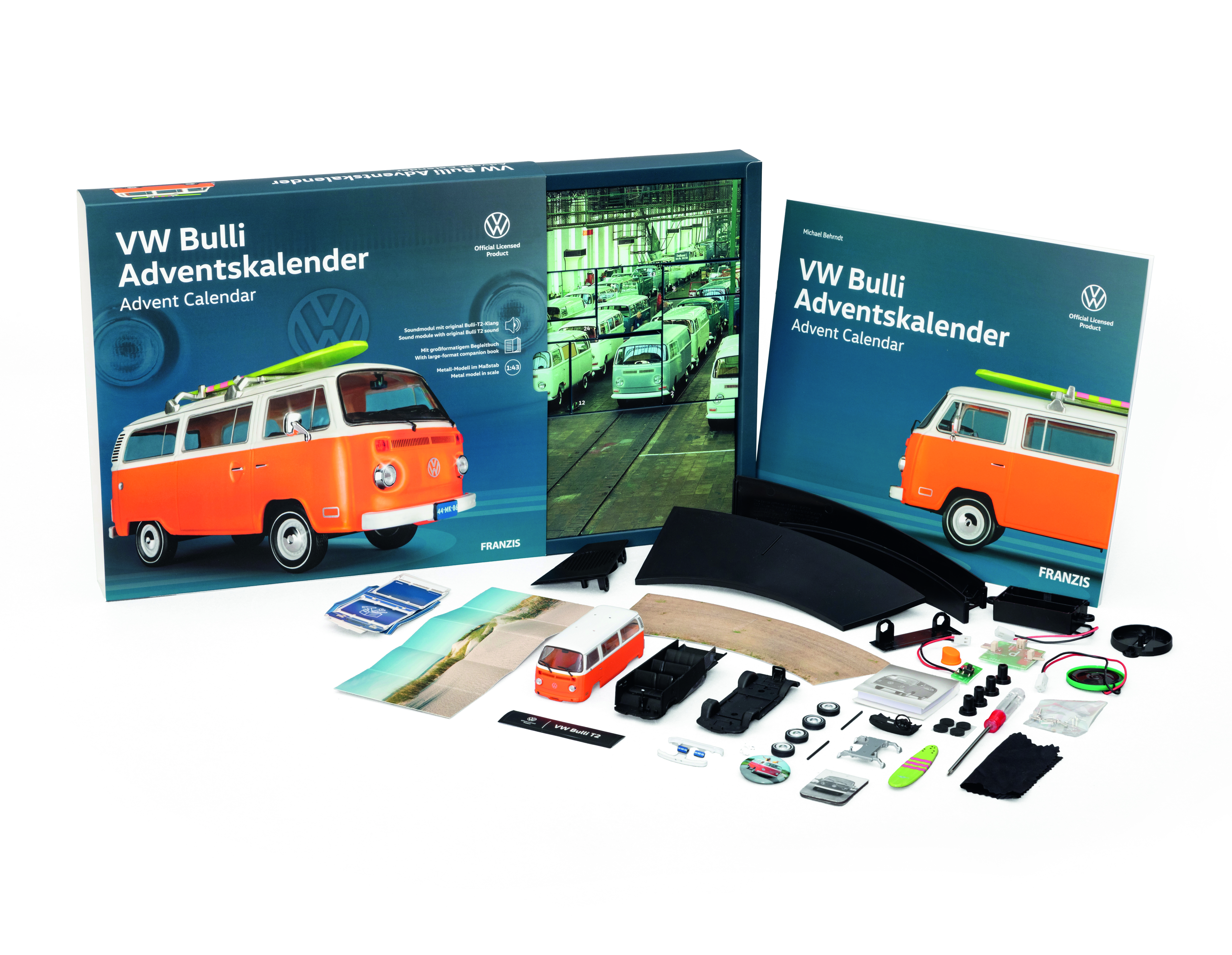 Adventskalender VW Bulli T2 - Bausatz 1:43 mit Motorsound & Begleitbuch