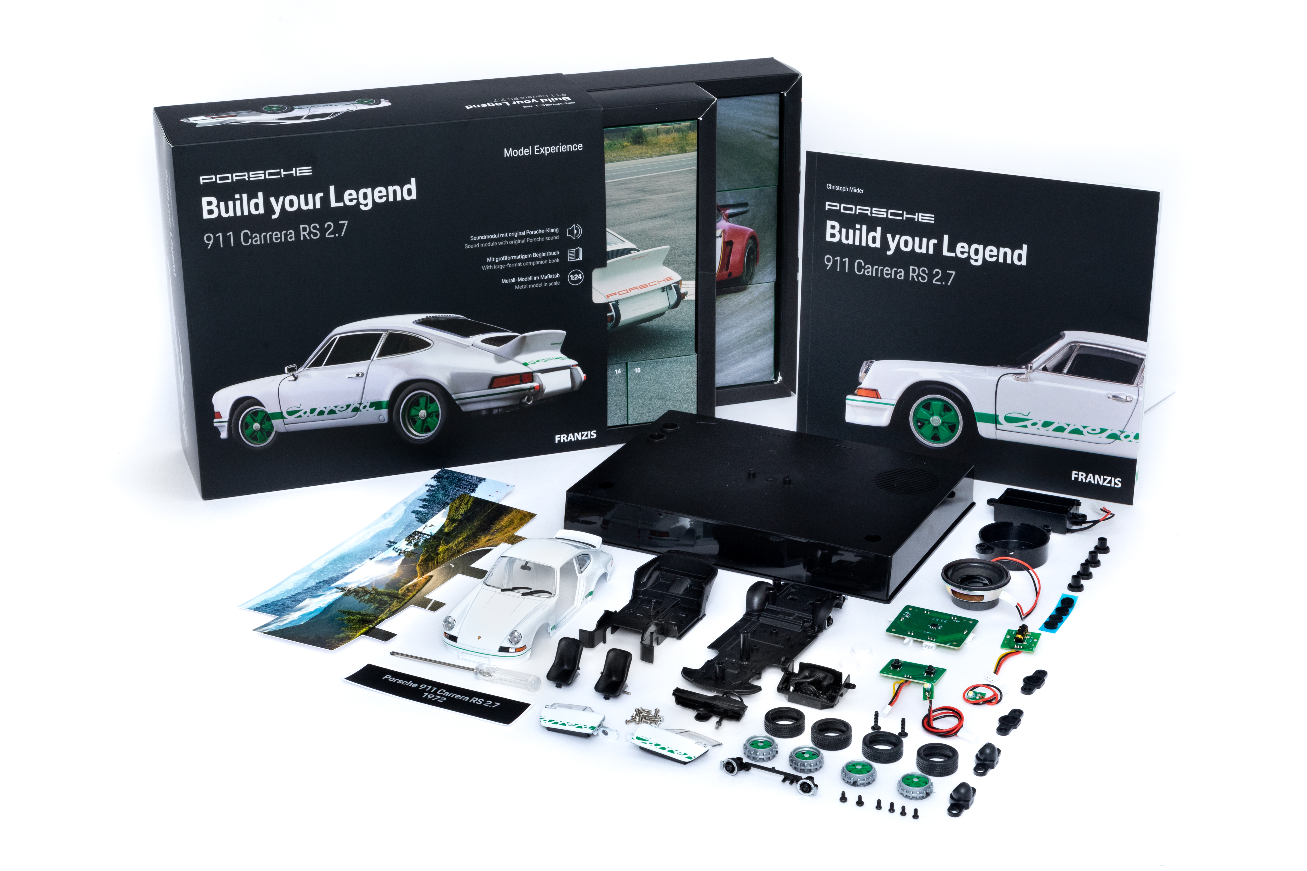Porsche 911 Carrera RS 2.7 - Bausatz 1:24 mit Beleuchtung & Motorsound, inkl. 72-seitigem Handbuch